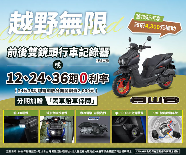 買BWS，送前後雙鏡頭行車記錄器