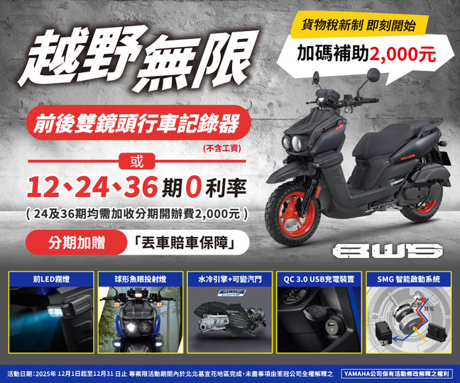 買BWS，送前後雙鏡頭行車記錄器